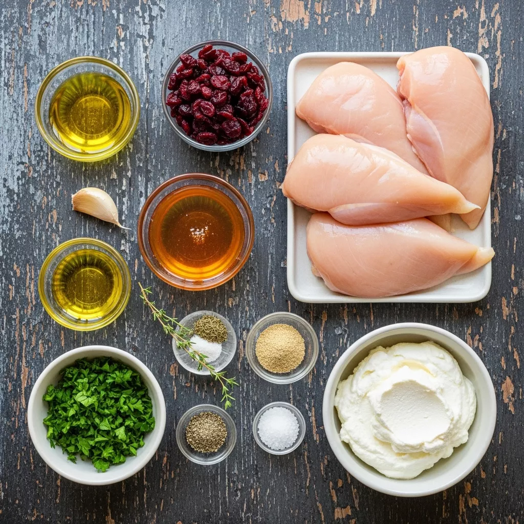 Ingredients for Sweet & Savory Honey Cranberry Chicken Bake with Creamy Ricotta