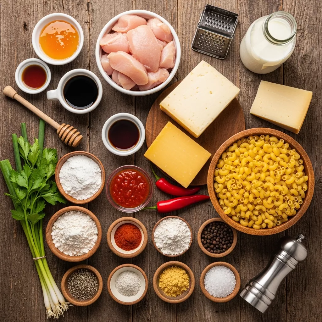 Ingredients for Sweet Heat Symphony: Crispy Honey Pepper Chicken with Velvety Mac & Cheese