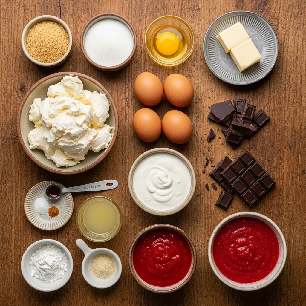 Ingredients for Velvety Chicago Chocolate Strawberry Swirl Cheesecake Dream