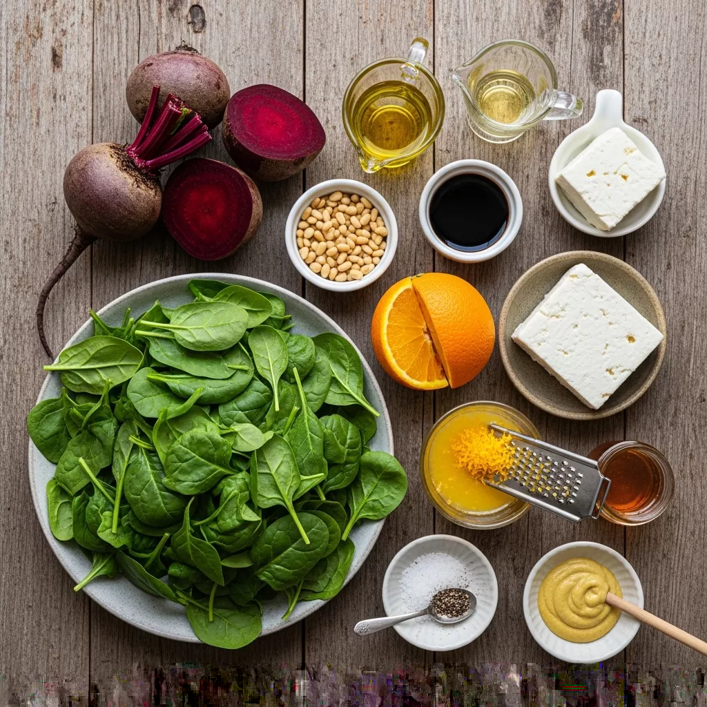 Ingredients for Vibrant Beet and Orange Spinach Salad with Toasted Pine Nuts