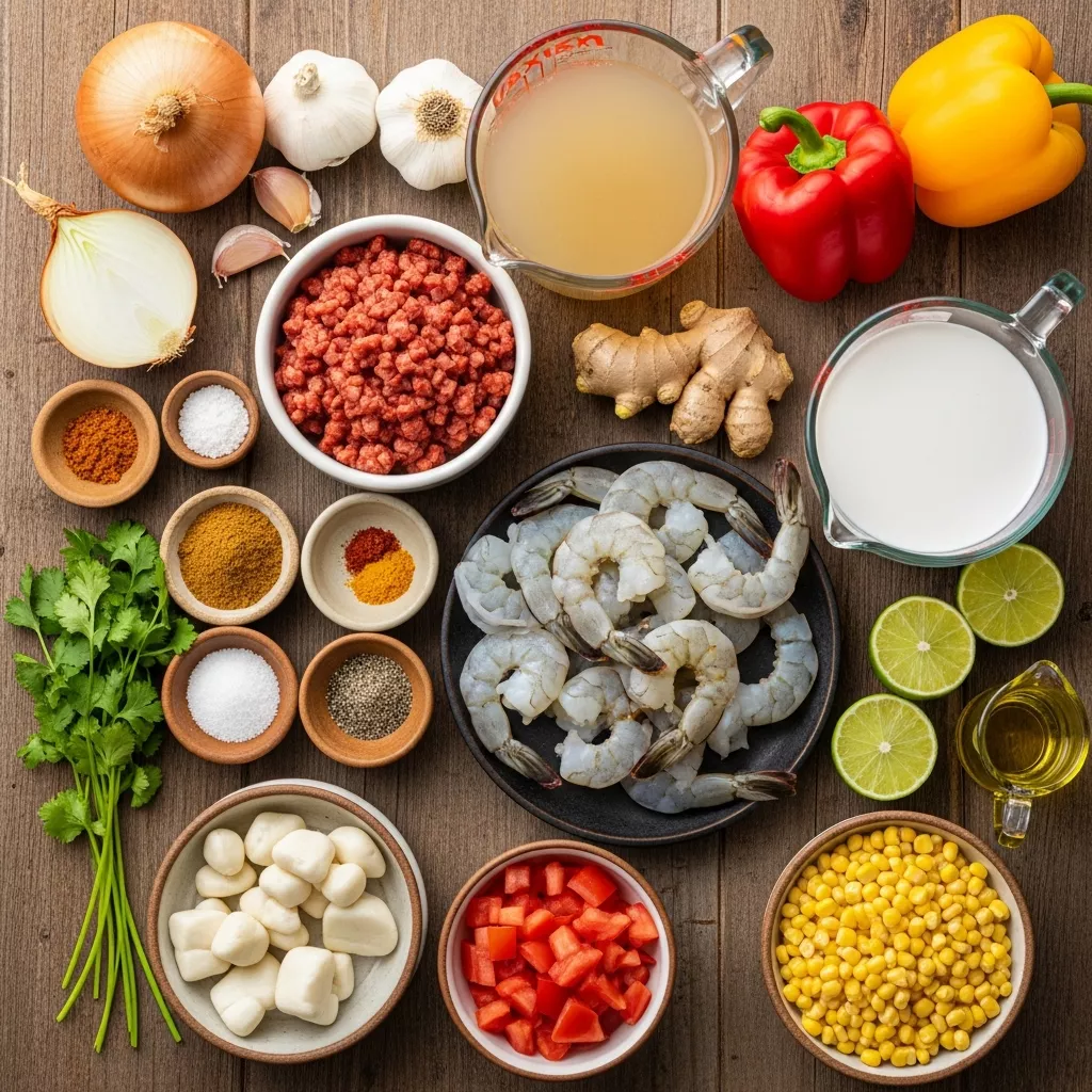 Ingredients for Spicy Island Embrace: Creamy Coconut Shrimp and Beef Chorizo Chowder