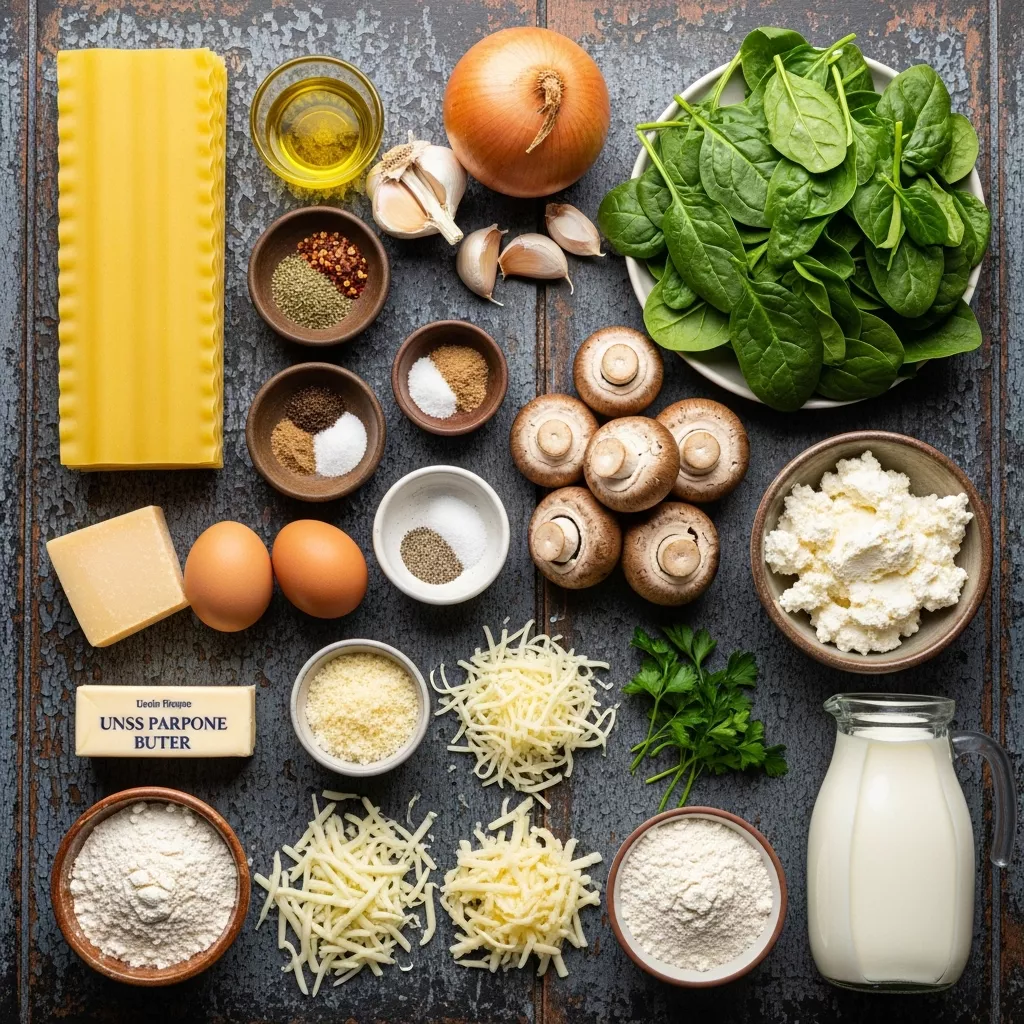 Ingredients for Irresistible Creamy Spinach Mushroom Lasagna Bake