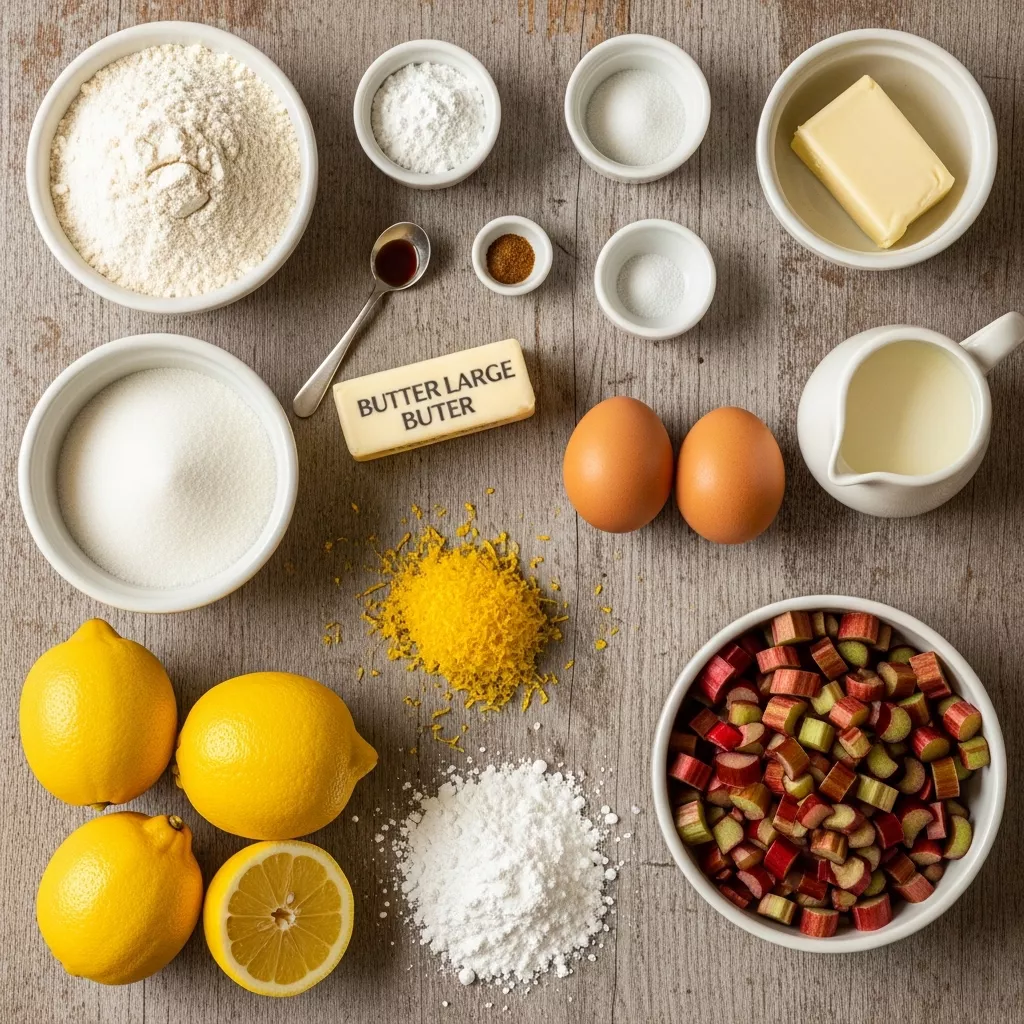Ingredients for Zesty Rhubarb Sunshine Loaf with Lemon Glaze