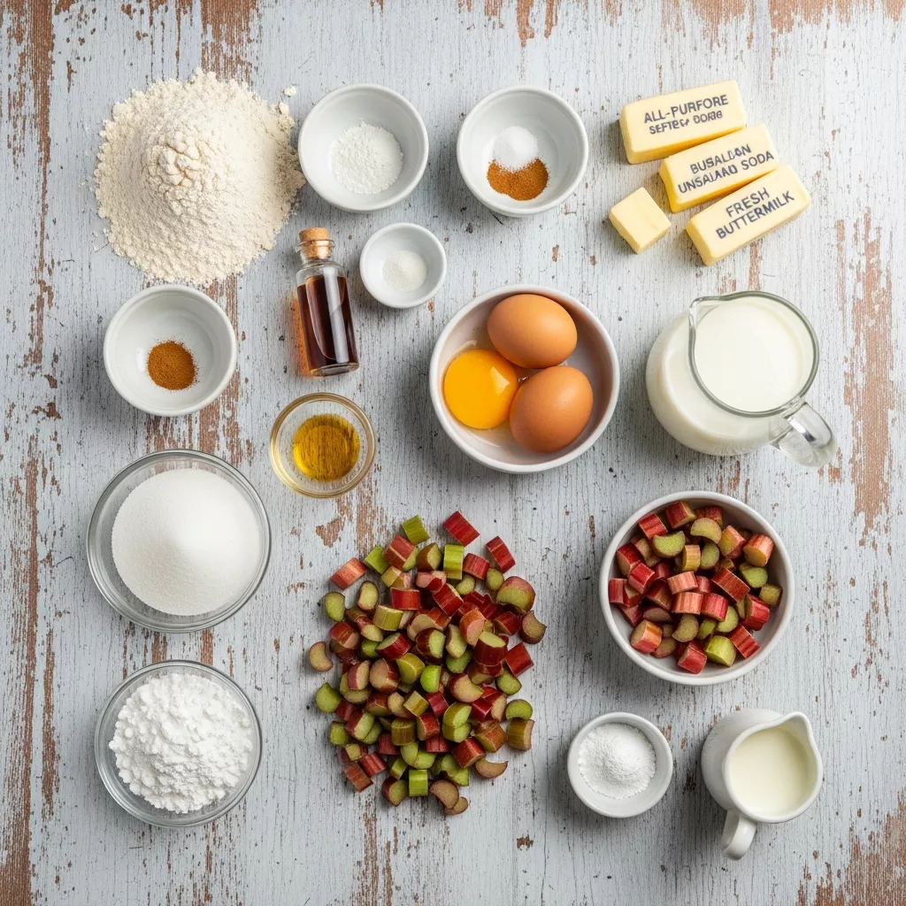 Ingredients for Golden Hour Rhubarb Cake with Silky Brown Butter Sauce
