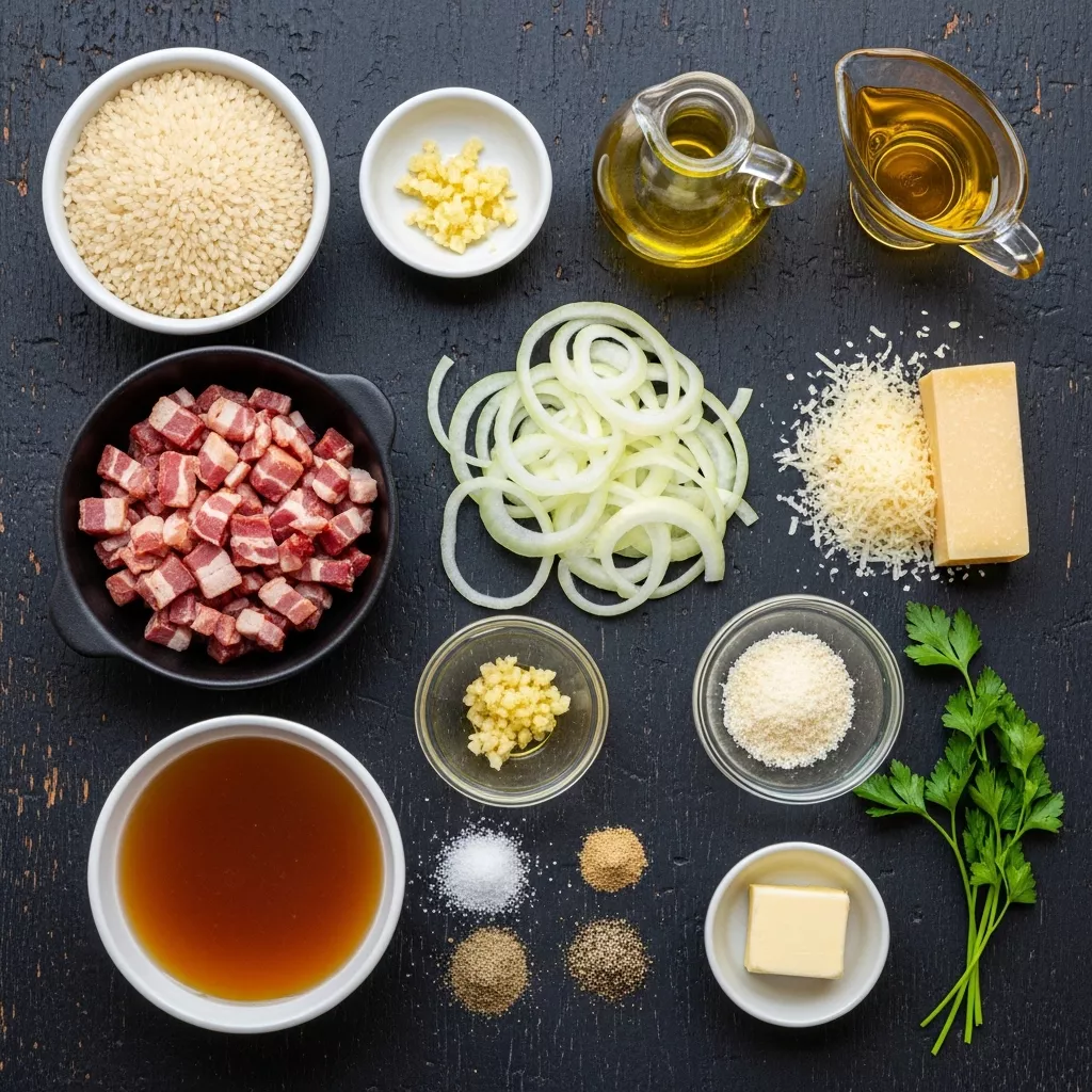 Ingredients for Golden Caramelized Onion & Crispy Beef Turkey bacon Risotto