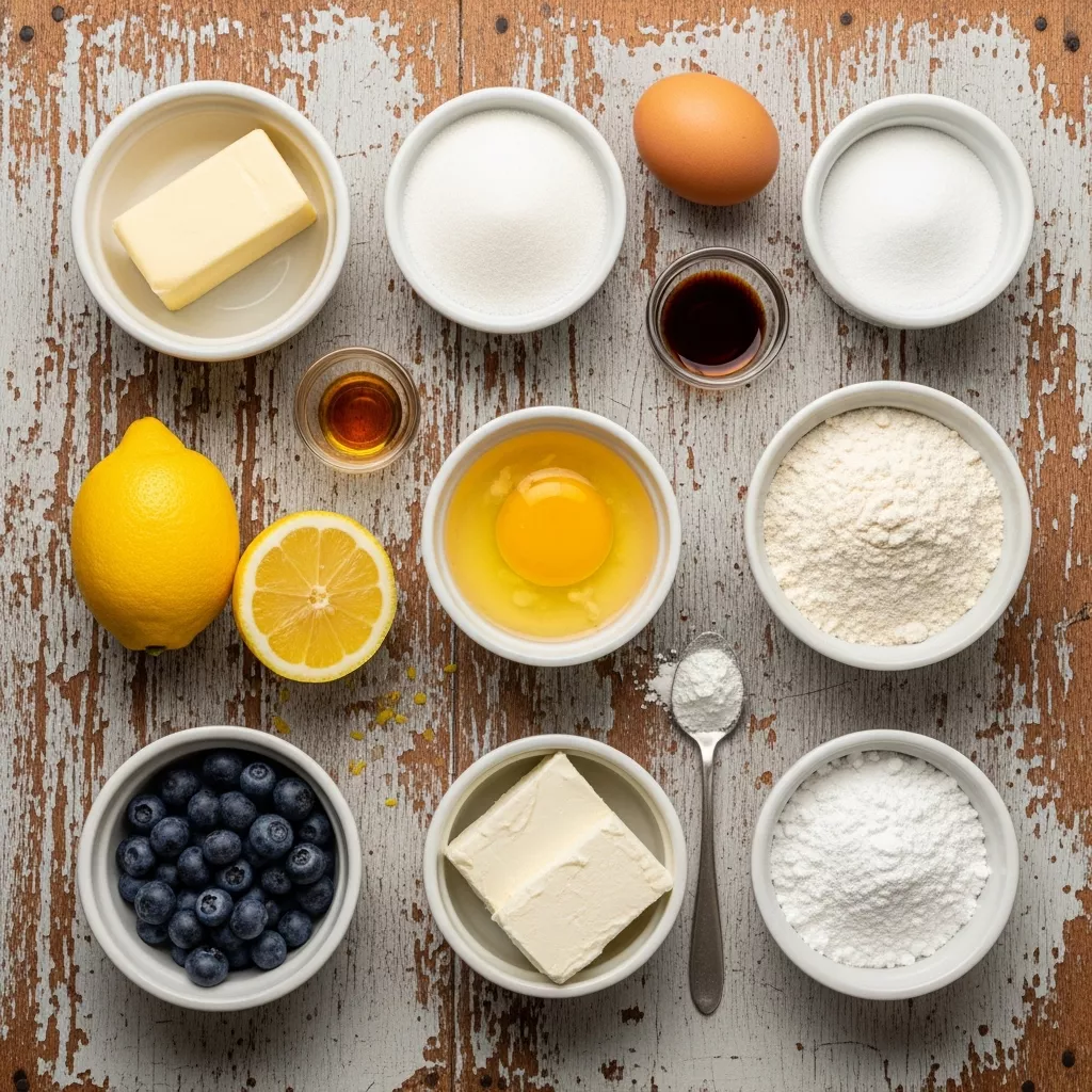 Ingredients for Effortless Zesty Lemon Blueberry Cheesecake Delights