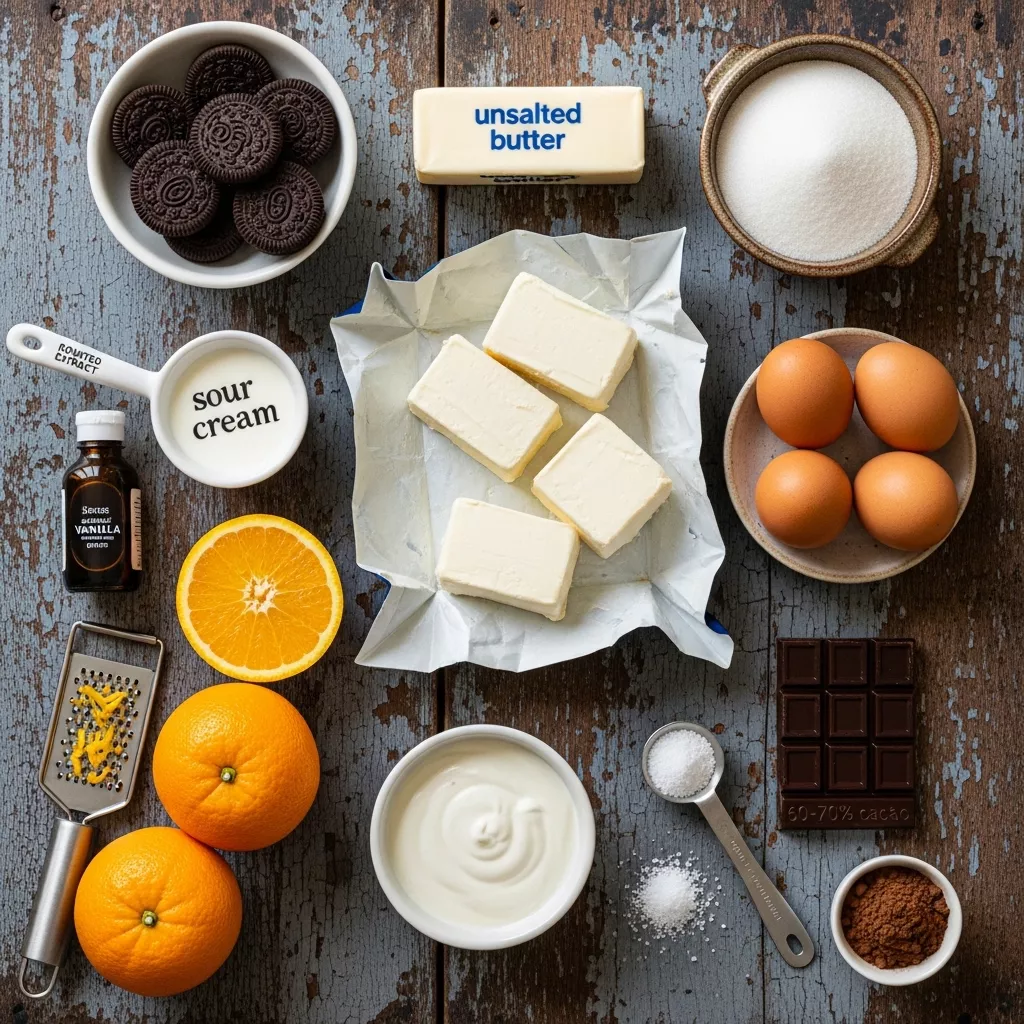 Ingredients for The Ultimate Velvety Chocolate Orange Dream Cheesecake