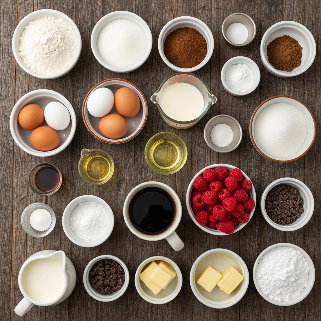 Ingredients for Velvet Crimson Chocolate Raspberry Dream Cake