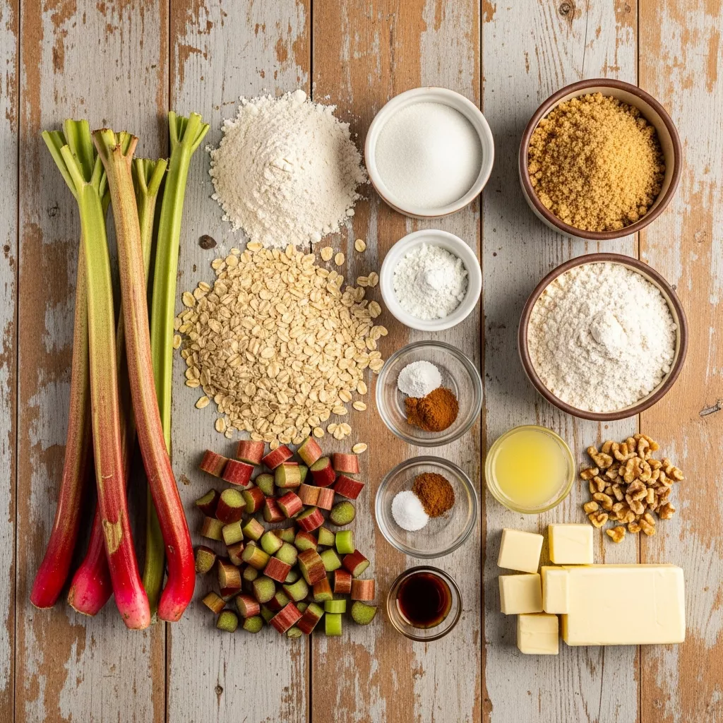 Ingredients for Old-Fashioned Amish Rhubarb Oatmeal Crumb Bars: Sweet & Tart Perfection