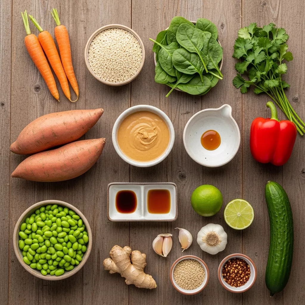 Ingredients for Creamy Thai Peanut Sweet Potato Nourish Bowl