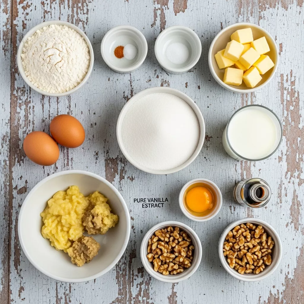 Ingredients for Effortless Luscious Vanilla Banana Walnut Cake