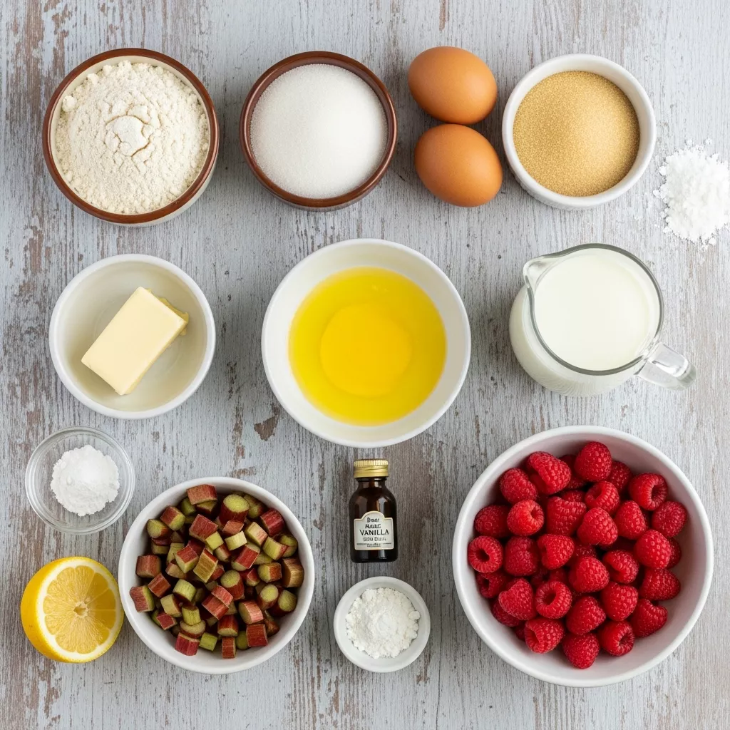 Ingredients for Ruby Swirl Rhubarb Raspberry Dream Cake