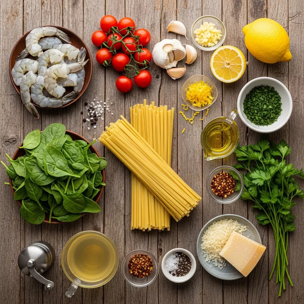 Ingredients for Speedy Lemon Herb Shrimp Pasta with Burst Cherry Tomatoes and Fresh Spinach