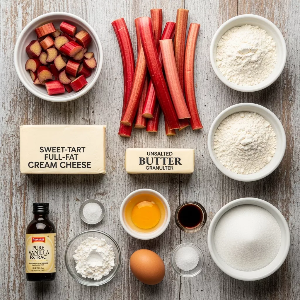 Ingredients for Sweet-Tart Rhubarb Swirl Cheesecake Bars