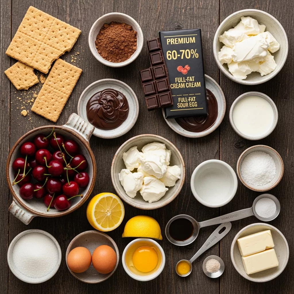 Ingredients for Velvet Abyss Dark Chocolate Cherry Cheesecake: A Luxurious Indulgence