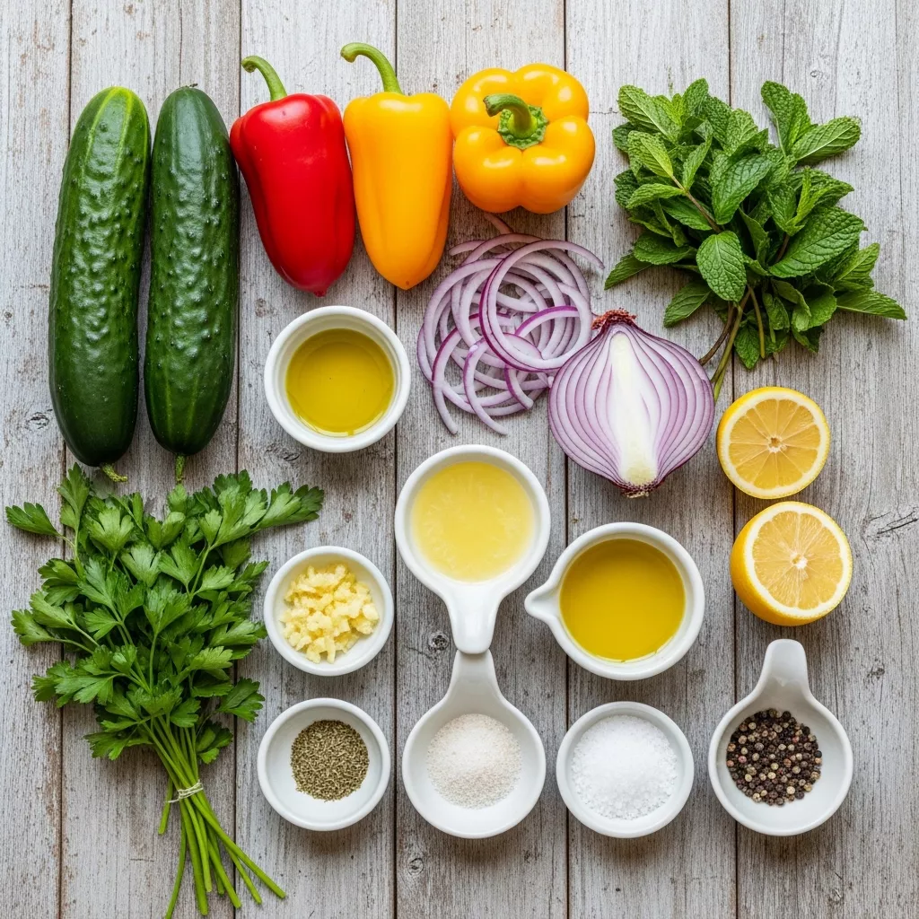 Ingredients for Crisp 10-Minute Mediterranean Cucumber & Sweet Pepper Salad