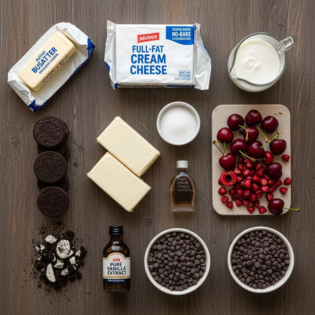 Ingredients for Velvet Cherry Chocolate Chip Oreo No-Bake Cheesecake