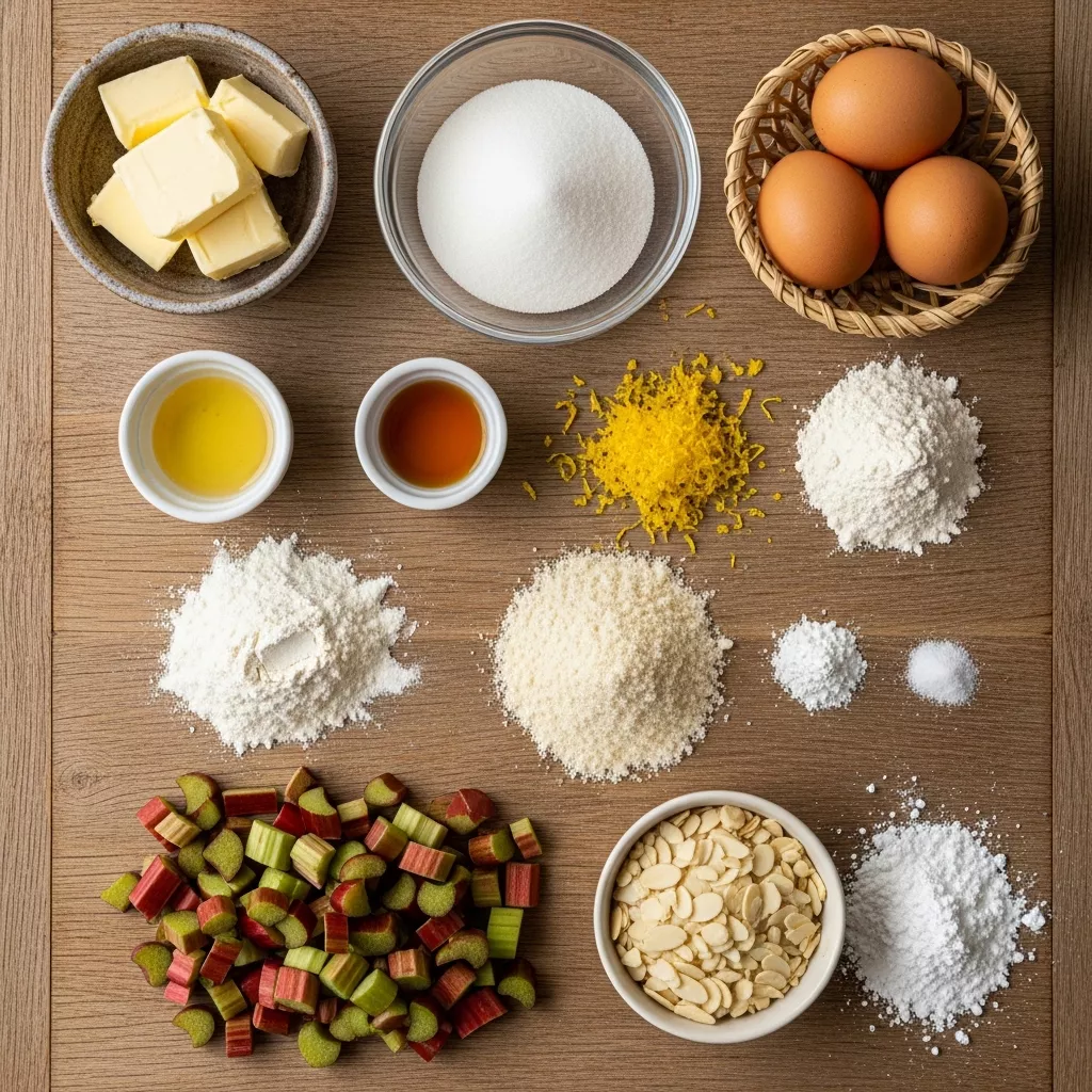 Ingredients for Sunshine Rhubarb Almond Bliss Torte