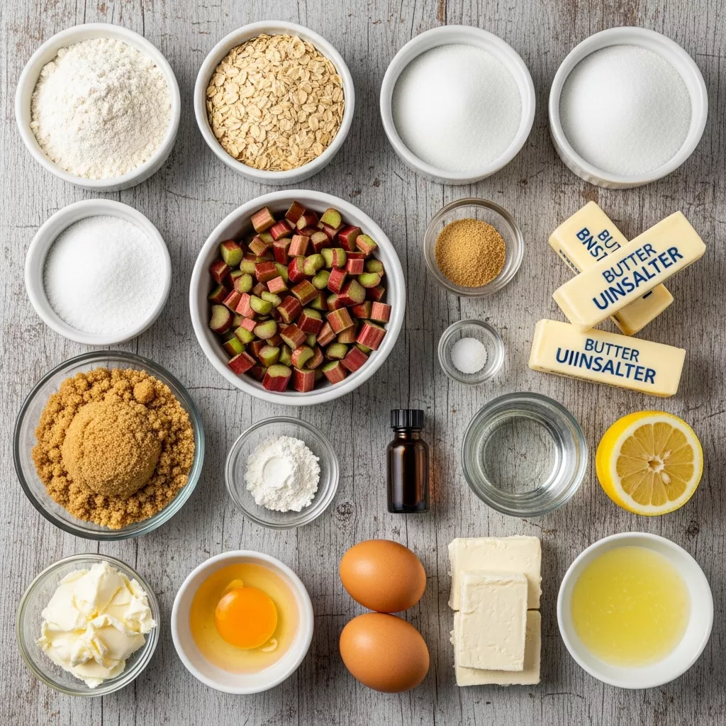 Ingredients for Luscious Tangy Rhubarb Swirl Cheesecake Crumble Bars