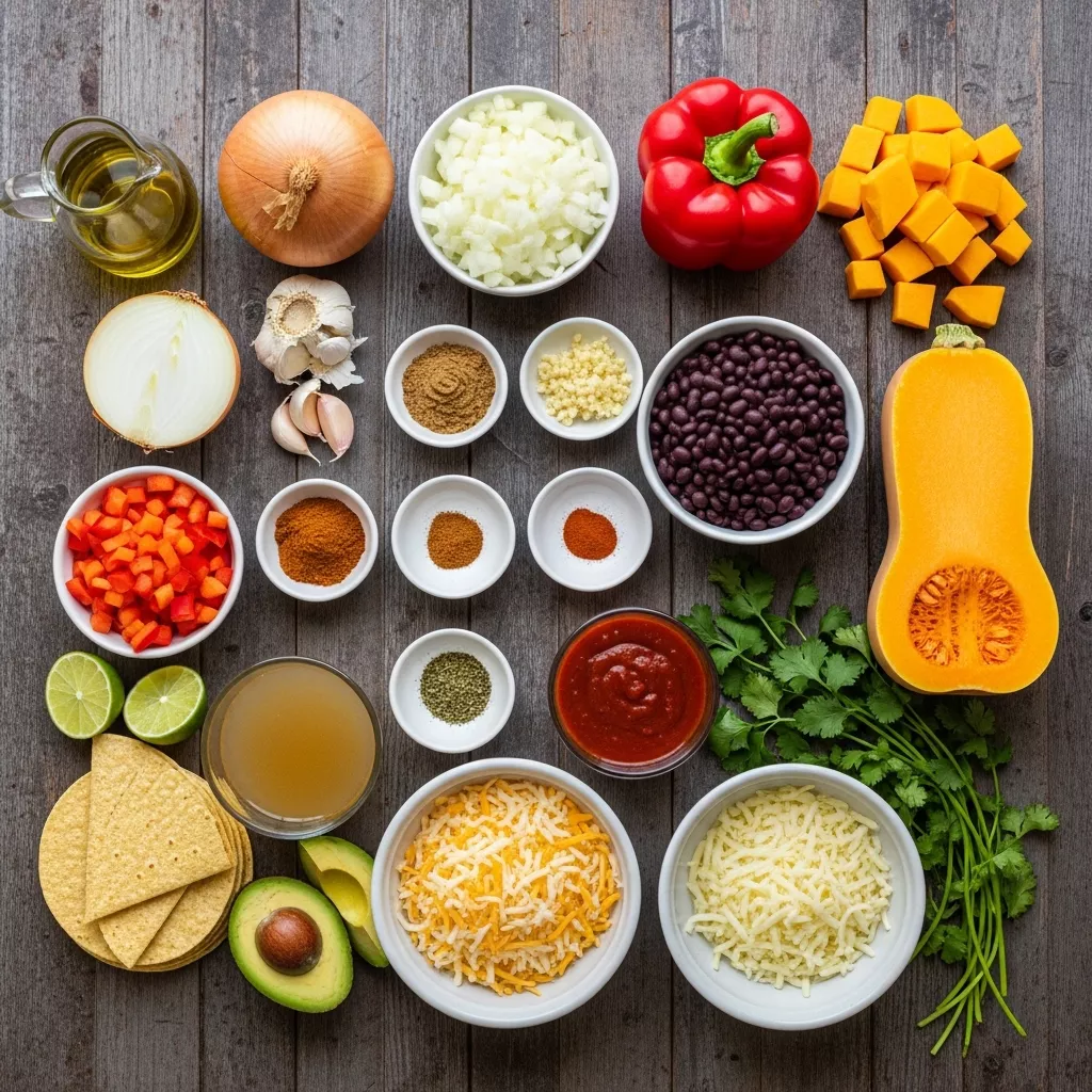 Ingredients for Effortless One-Pan Butternut & Black Bean Enchilada Skillet