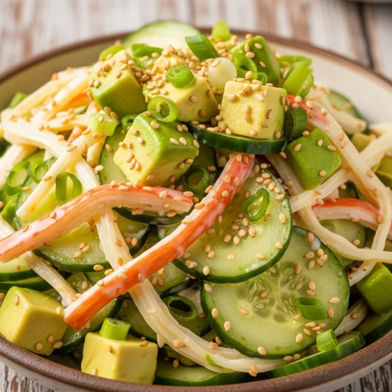 Bowl of creamy sushi cucumber salad with crab, avocado, and sesame seeds