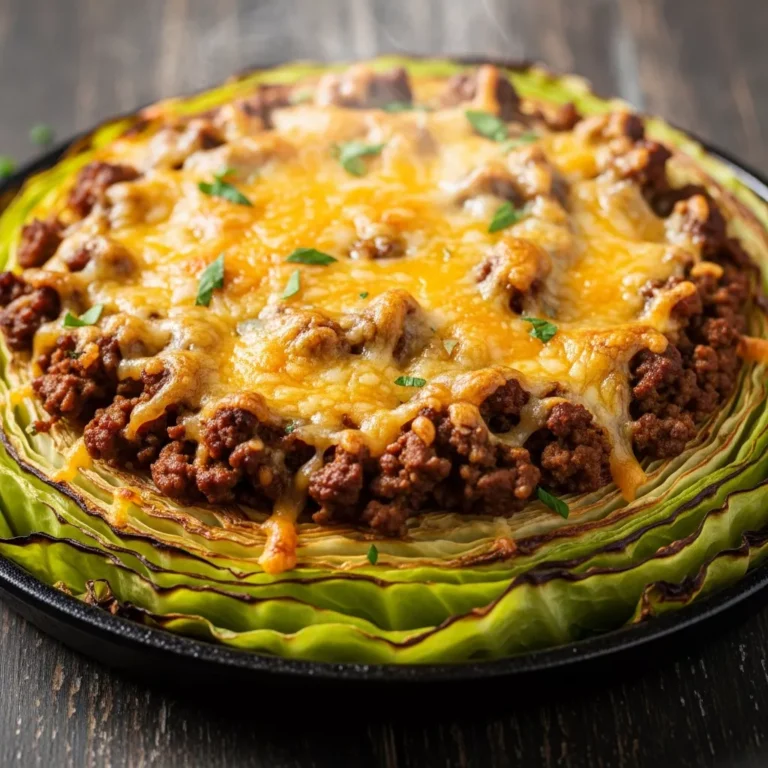 Crispy Beef and Cabbage Skillet Bake served in a rustic cast iron pan, garnished with parsley.