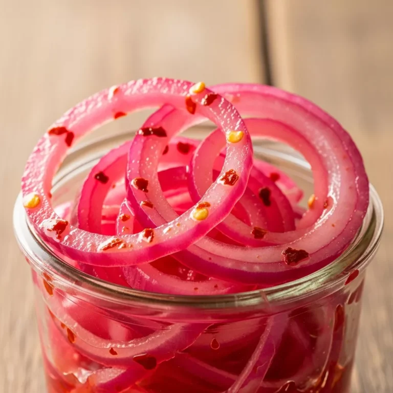 Bowl of vibrant Blazing Honey Pickled Red Onions ready to serve on a rustic wooden table.