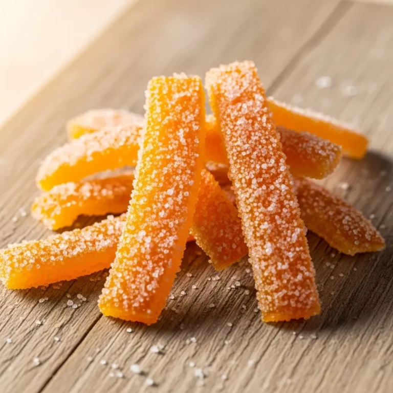 Pile of sparkling candied orange peels on a rustic wooden surface.