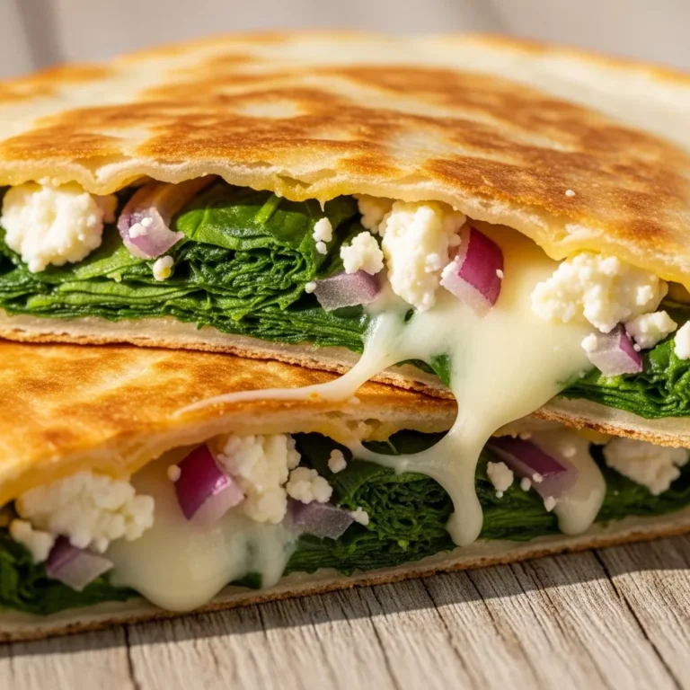 Two golden crispy Mediterranean spinach feta quesadillas on a rustic plate, ready to be served for a quick meal.