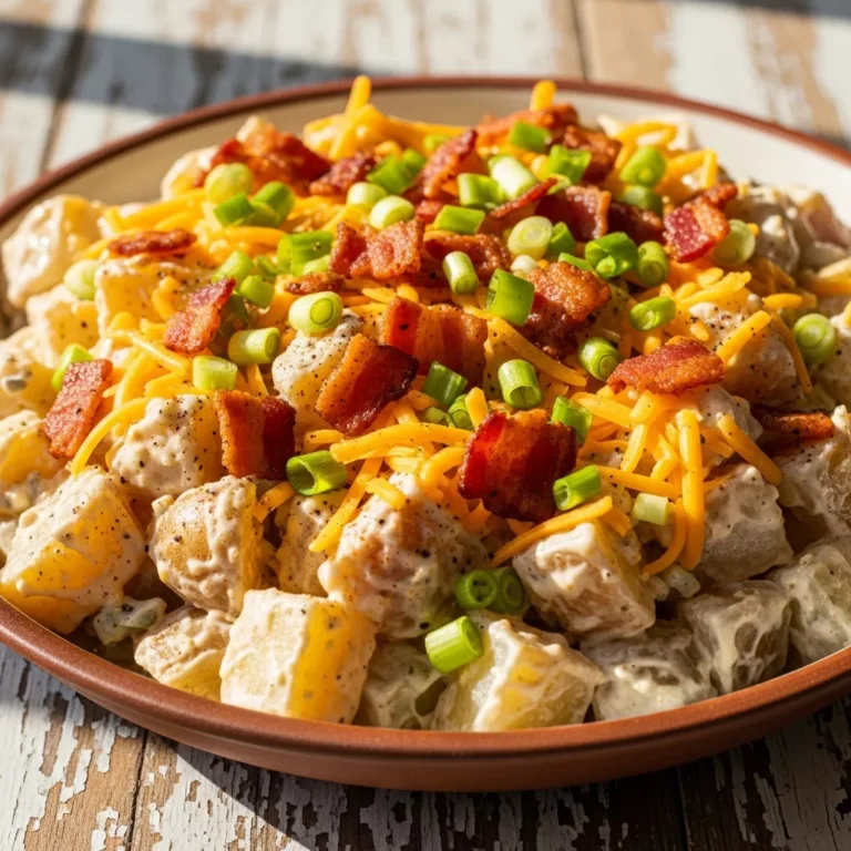 A hearty serving of Creamy Dreamy Loaded Baked Potato Salad garnished with cheddar, turkey bacon, and green onions in a rustic serving bowl.