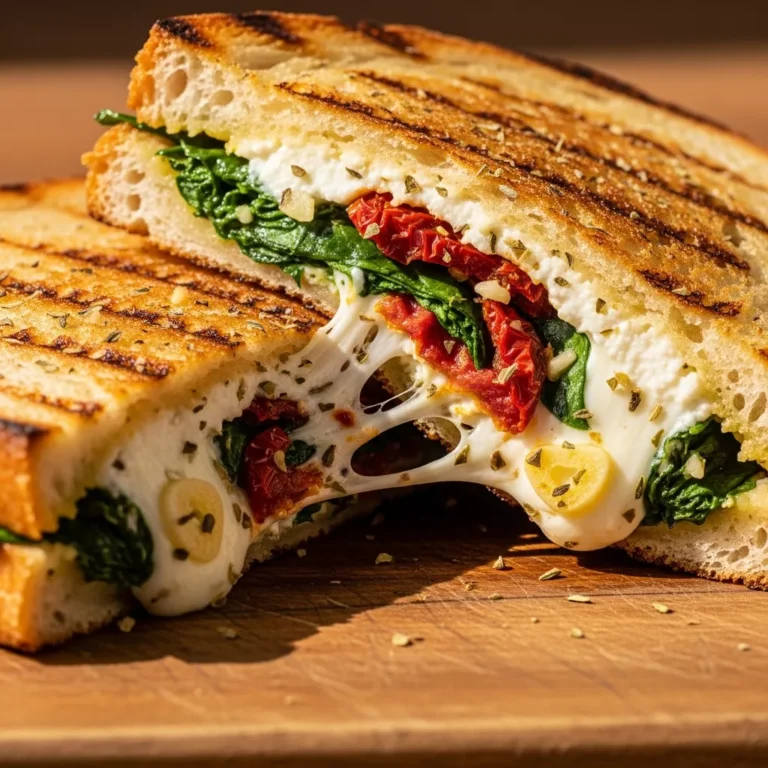 Whole, uncut gourmet sun-dried tomato spinach ricotta grilled cheese melt with a golden-brown sourdough crust on a rustic cutting board.