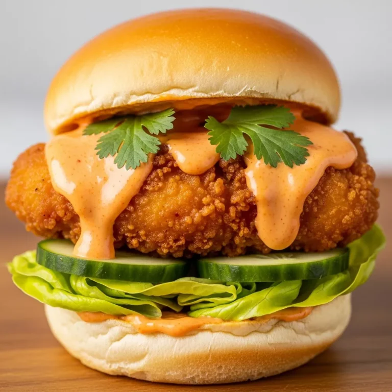 A close-up of a Fiery Bang Bang Chicken Slider, highlighting the crispy chicken, creamy spicy sauce, and fresh garnishes within a toasted bun.