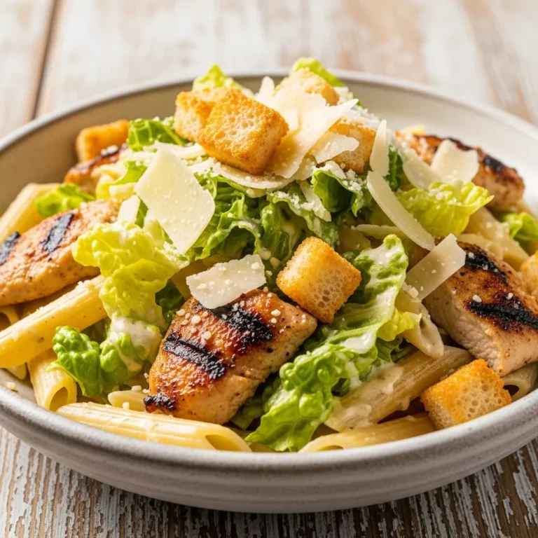 Full bowl of Zesty Chicken Pasta Caesar Delight ready to serve on a rustic table.