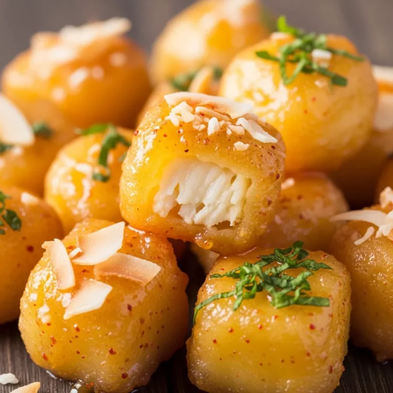 Platter of freshly made Golden Glazed Pineapple Party Bites with citrus glaze and garnishes.