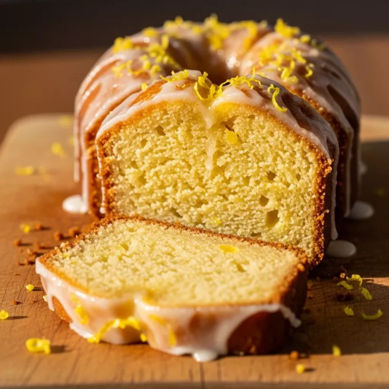 Full loaf of Sunshine Zest Italian Lemon Pound Cake, partially sliced, with fresh lemons and zest on a rustic table.