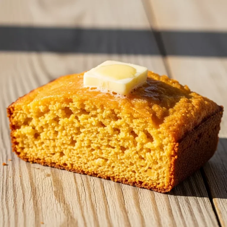 Whole pan of golden Speedy Sweet Potato Cornbread cut into squares on a rustic wooden table.