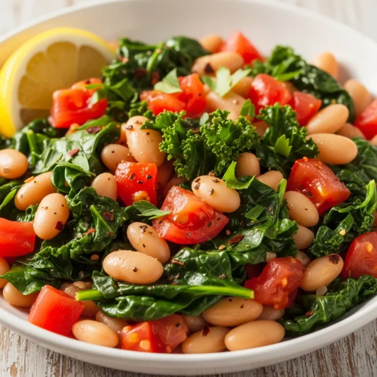 Healthy Mediterranean White Beans and Greens Skillet served in a rustic bowl.