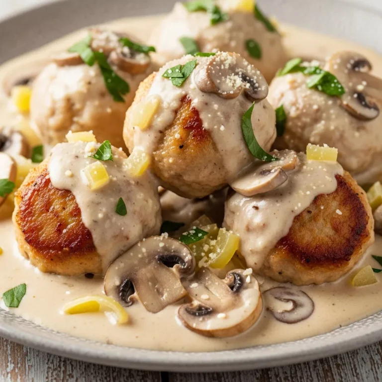 Creamy Mushroom Chicken Meatballs served over pasta with parsley garnish.