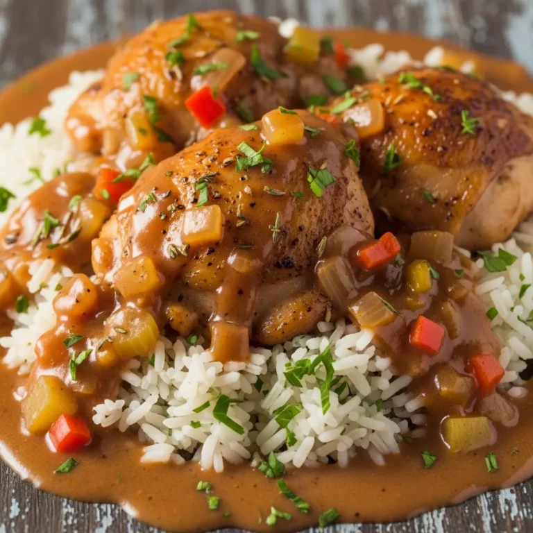 Smothered Chicken and Herb-Infused Rice in a bowl, with gravy and herbs