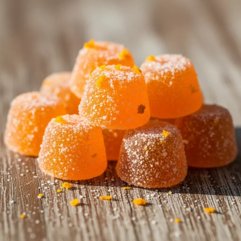 A small pile of homemade Sparkling Zesty Orange Chew Drops in a decorative dish, glistening with a light dusting of powdered sugar, set on a rustic wooden table.