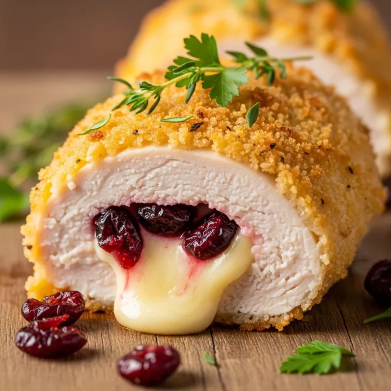 Plate of gourmet Golden Cranberry Brie Stuffed Chicken with melted brie