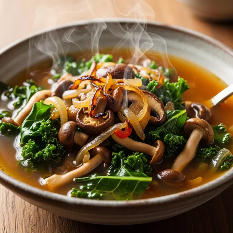 A comforting bowl of Wild Mushroom & Sweet Onion Kale Soup with steam rising, served on a rustic table with a side of crusty bread.