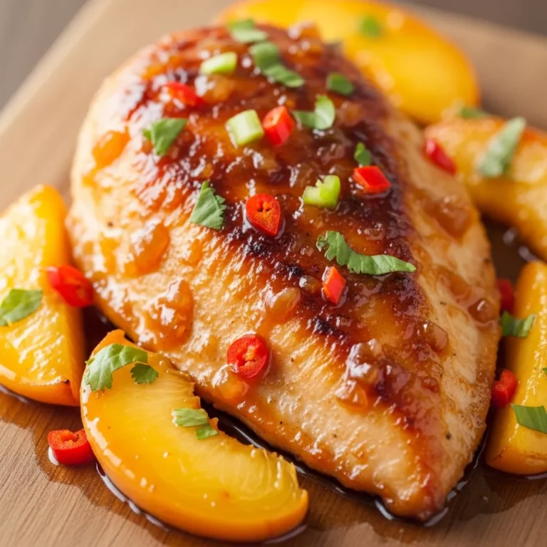 Zesty Jalapeño Peach Glazed Chicken served with a side dish on a dinner plate.