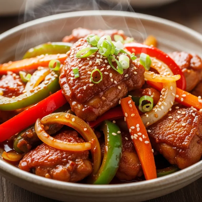 Delicious Korean Gochujang Chicken and Vegetable Stir-Fry served in a rustic bowl.