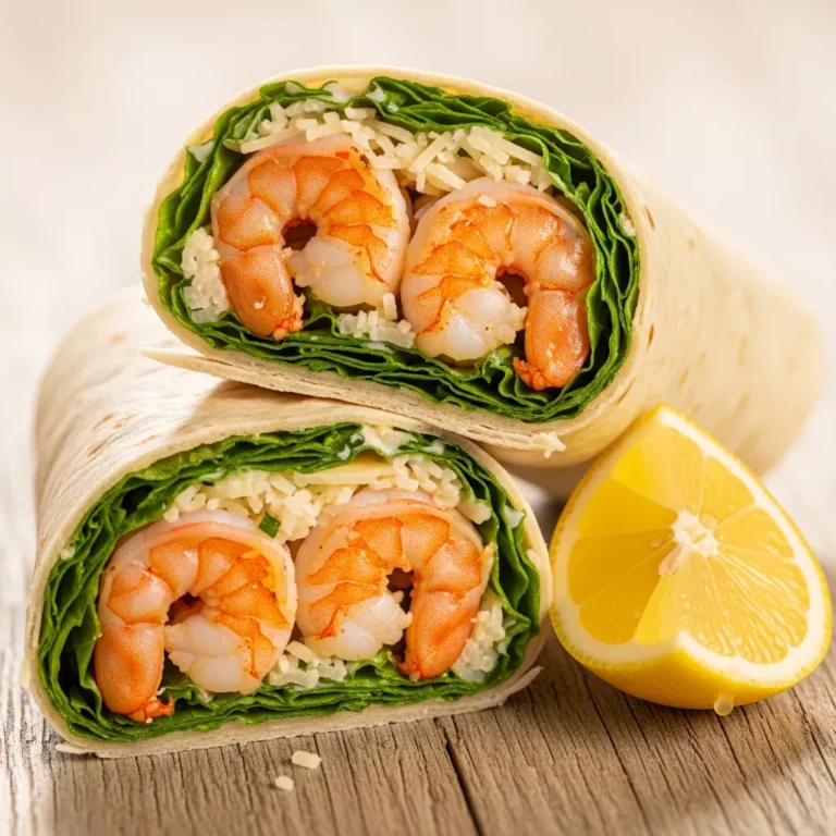 Two freshly made Speedy Zesty Grilled Shrimp Caesar Wraps, one whole and one cut in half, served on a rustic plate with a side of lemon wedges, ready to eat.