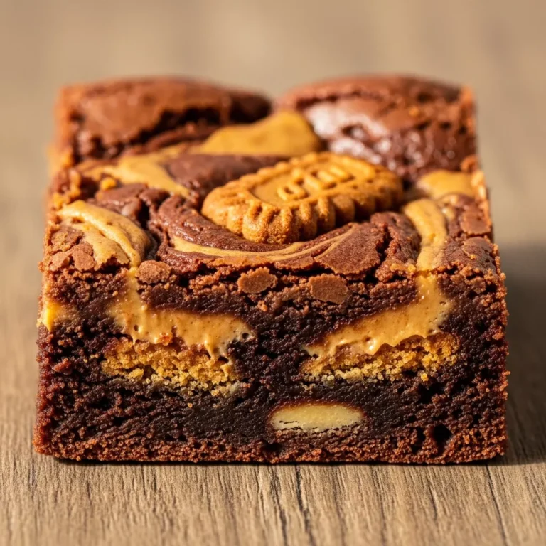 Three freshly baked Biscoff Cookie Butter Dream Brownies on a rustic ceramic plate, garnished lightly.