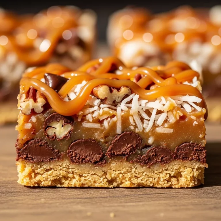 Several Irresistible Caramel Coconut Dream Bars cut into squares on a rustic wooden surface