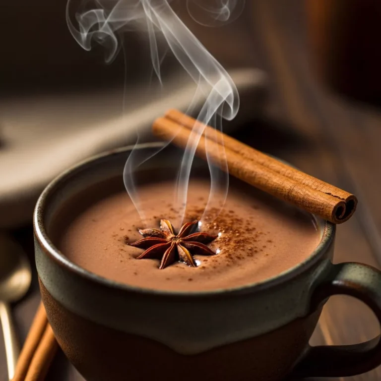 Cozy mug of spiced anti-inflammatory hot cocoa elixir with steam rising, on a rustic surface, inviting comfort and wellness.