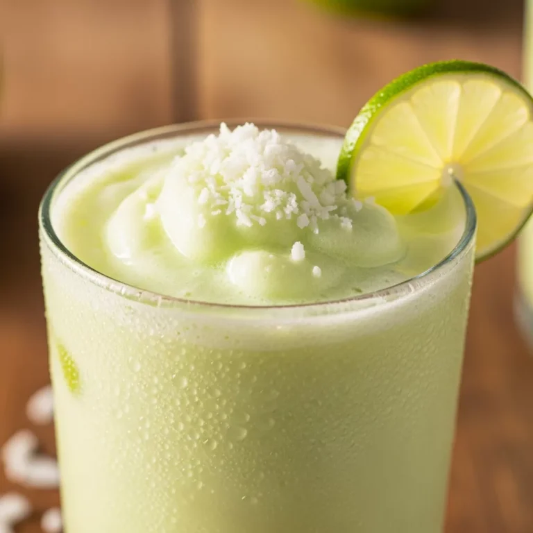 Glass of creamy Colombian Coconut Limeade garnished with lime and coconut for a recipe card.