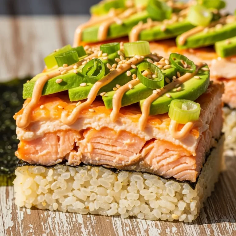 Close-up of a square portion of Creamy Spicy Salmon Sushi Bake, garnished with avocado and green onions, ready to be served with nori